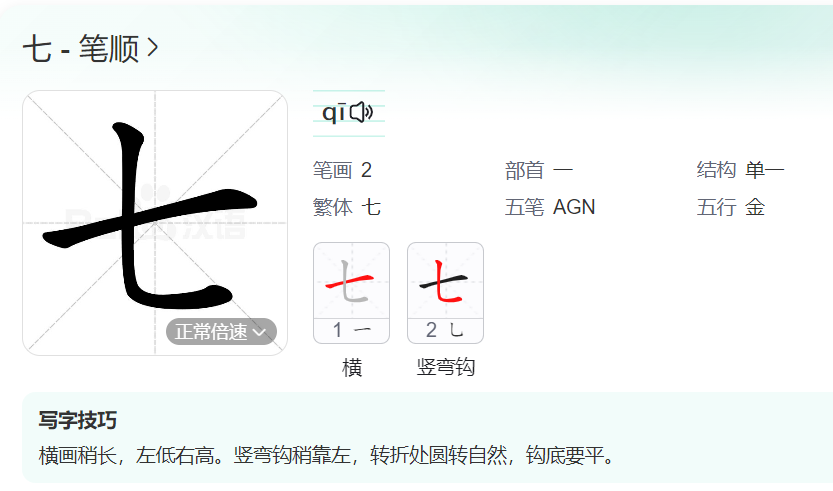 七的笔顺名称怎么读（七的笔顺田字格正确写法图片）