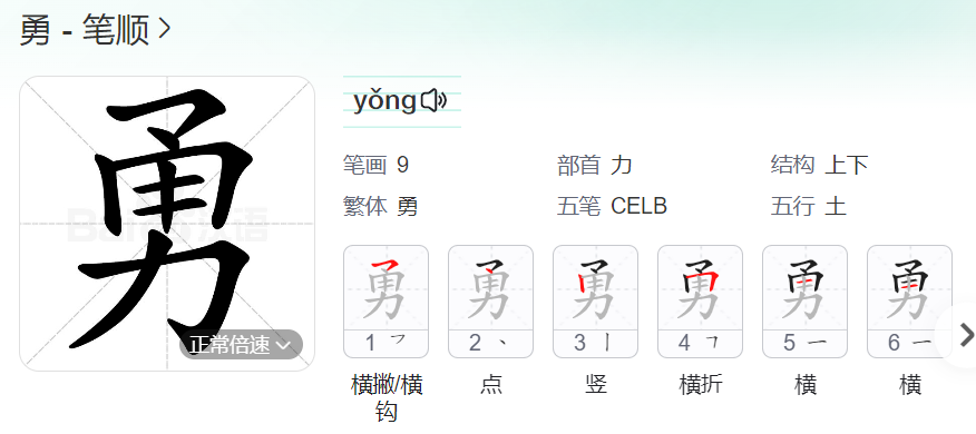 勇的笔顺名称怎么读（勇的笔顺田字格正确写法图片）