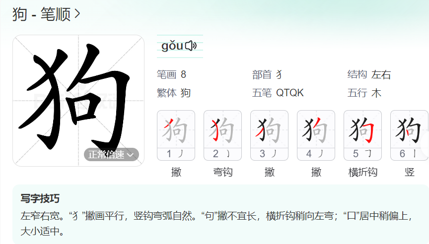 狗的笔顺名称怎么读（狗的笔顺田字格正确写法图片）