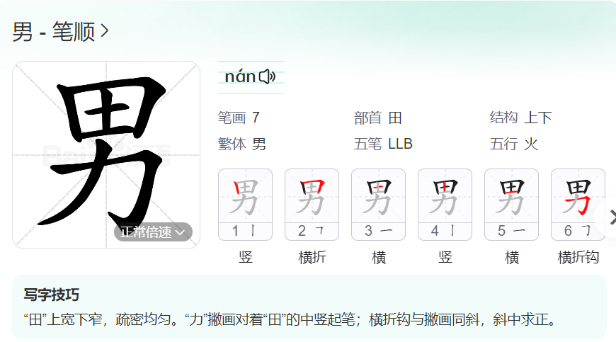 男的笔顺名称怎么读（男的笔顺田字格正确写法图片）