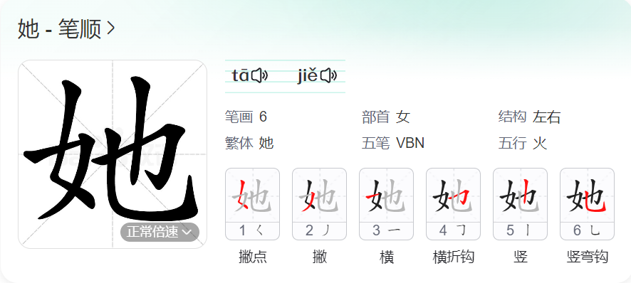 她的笔顺名称怎么读（她的笔顺田字格正确写法图片）