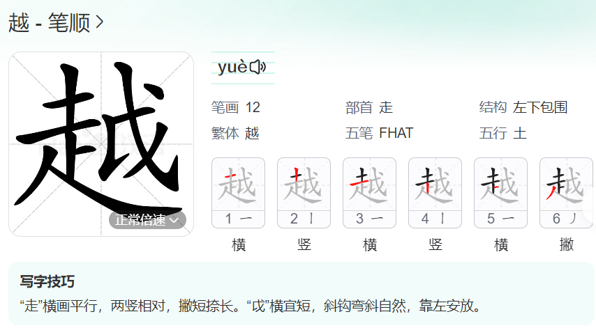 越的笔顺名称怎么读（越的笔顺田字格正确写法图片）