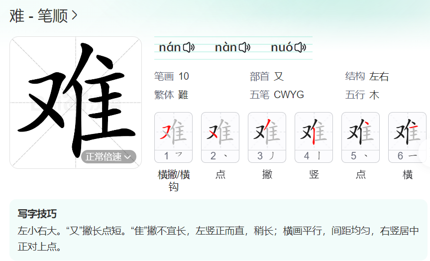 难的笔顺名称怎么读（难的笔顺田字格正确写法图片）