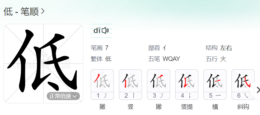 低的笔顺名称怎么读（低的笔顺田字格正确写法图片）