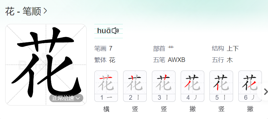 花笔顺名称怎么读（花的笔顺田字格正确写法图片）