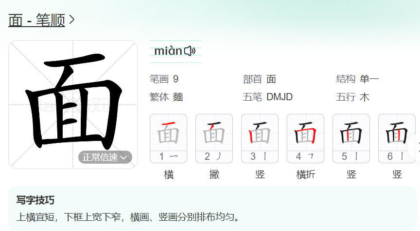 面的笔顺名称怎么读（面的笔顺田字格正确写法图片）