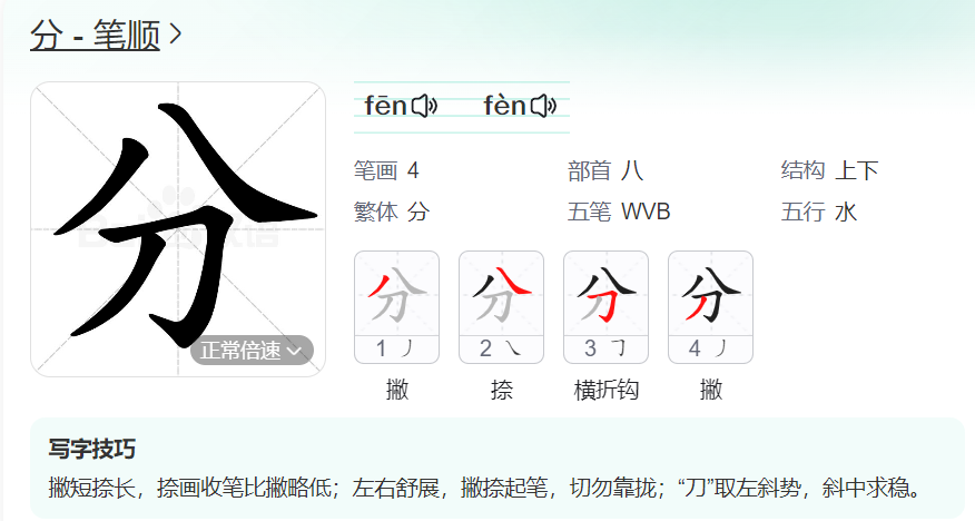 分的笔顺名称怎么读（分的笔顺田字格正确写法图片）